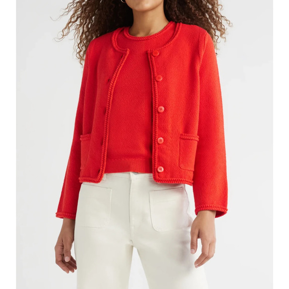 Free Assembly Womens Crochet Trim Cardigan Sweater Long Sleeves Red Alert Sz M - Picture 5 of 7